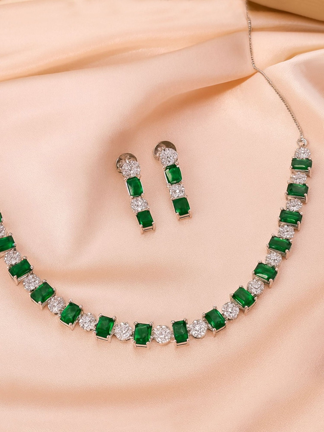 KARATCART Silver-Plated American Diamond-Studded Jewellery Set