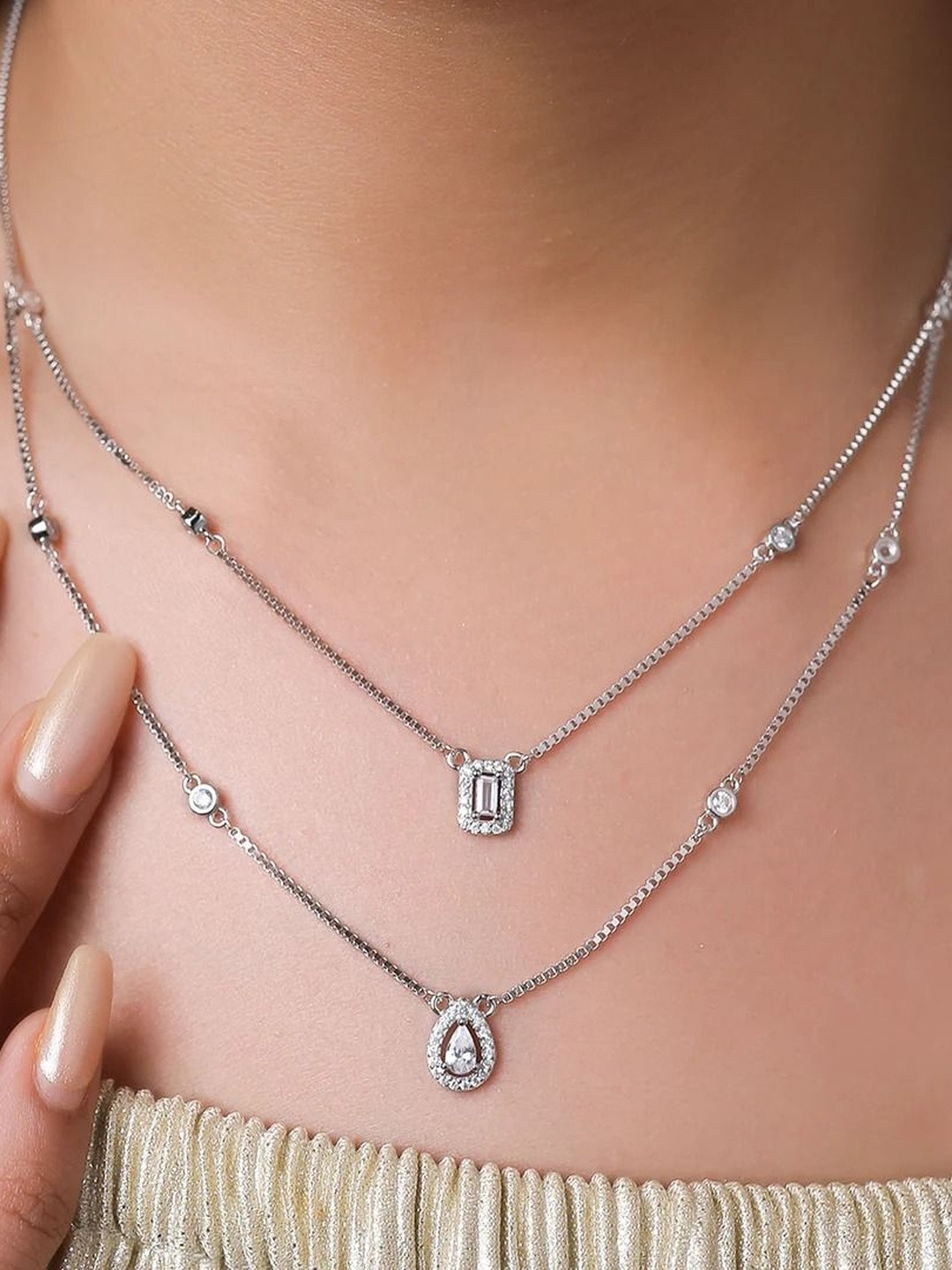 ANJ JEWELS Sterling Silver American Diamond Studded Layered Necklace