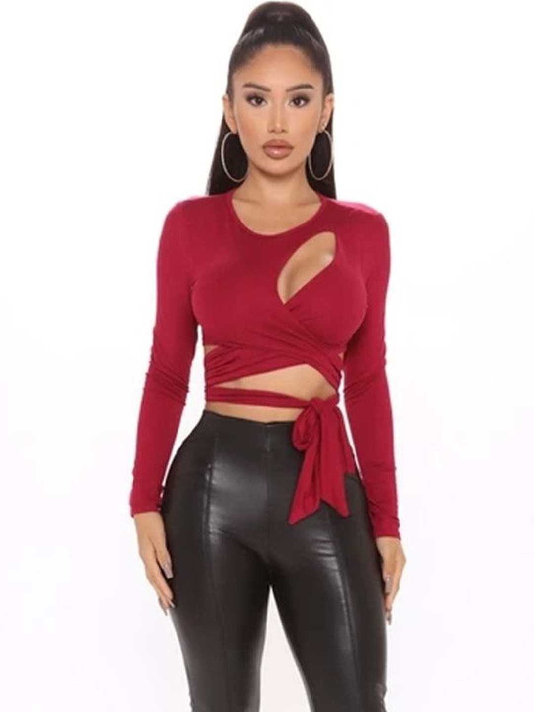 LULU & SKY Women Round Neck Cut Out Detail Wrap Crop Top
