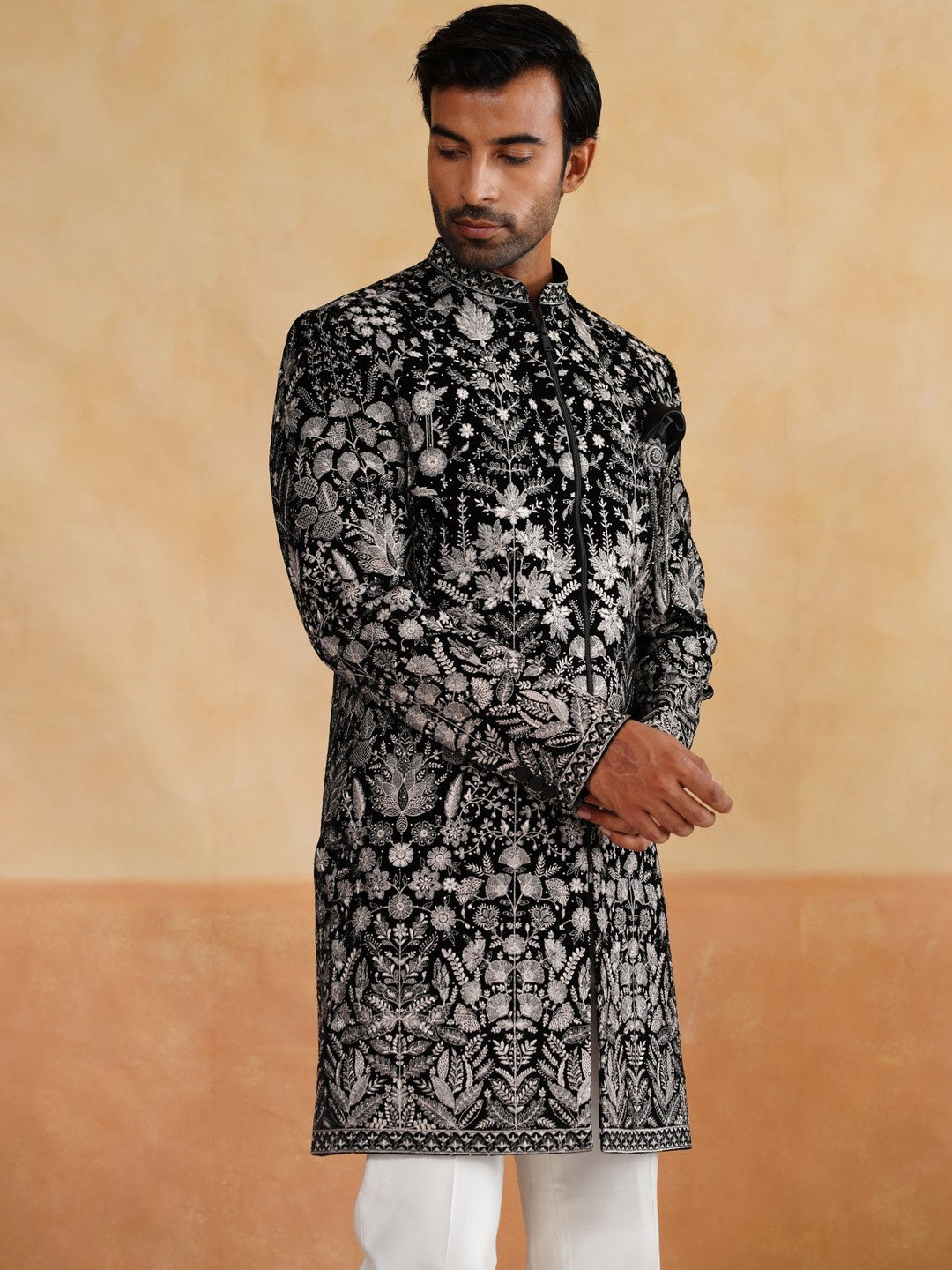 Denis Parkar Sequins Embroidered Mandarin Collar Velvet Sherwani With Pant