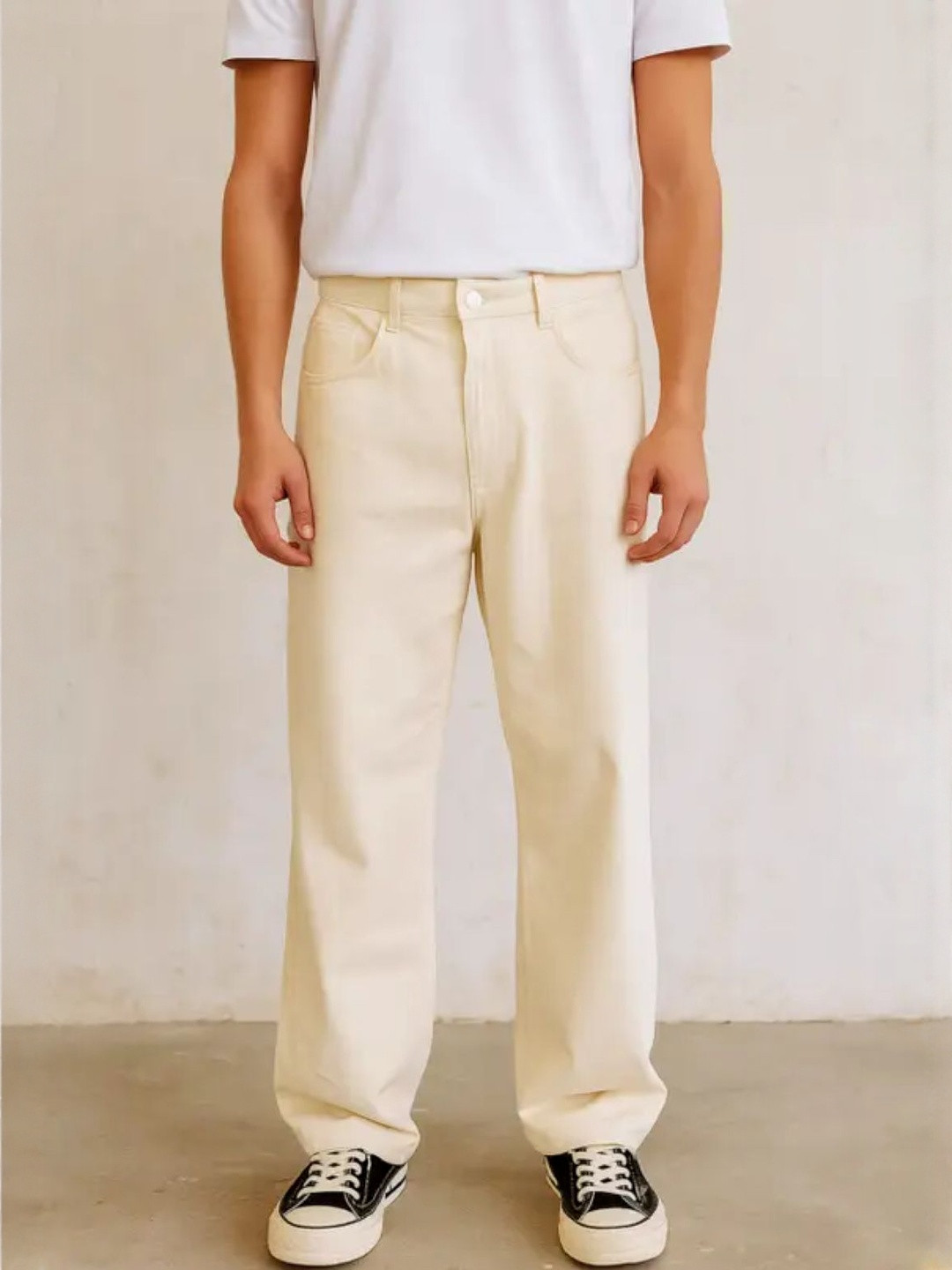 LINARIA Men Beige Coloured Shade Classic Mid-Rise Baggy Fit Stretchable Jeans