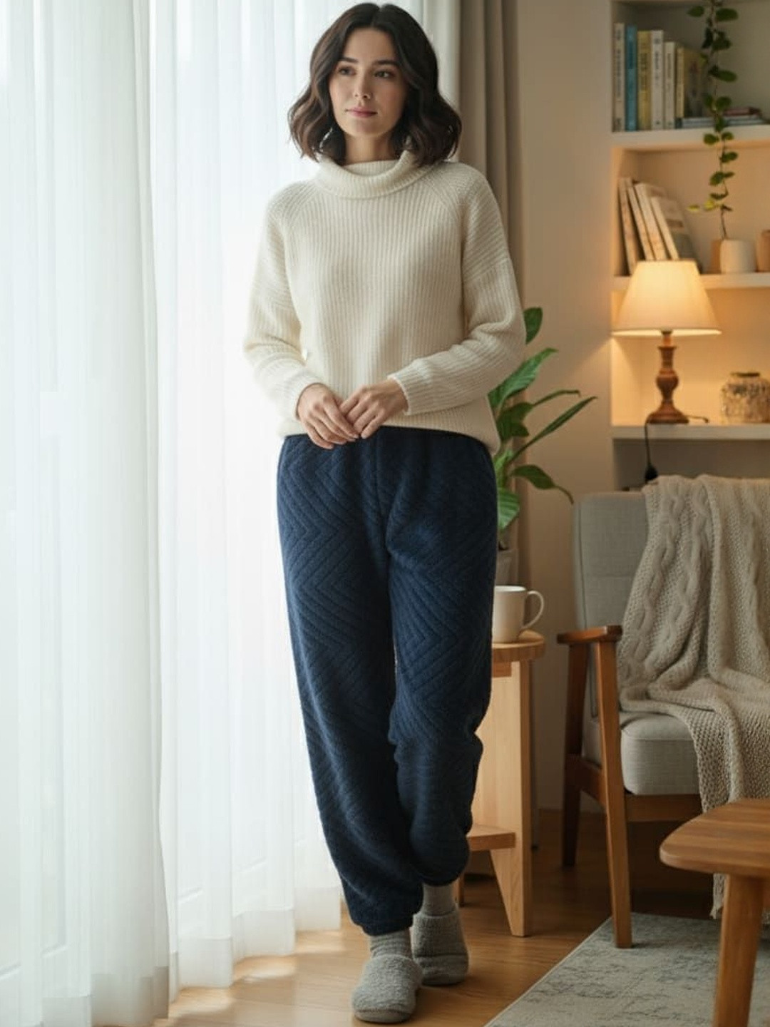 Uttam Women Ribbed Mid-Rise Lining Winter Lounge Pant