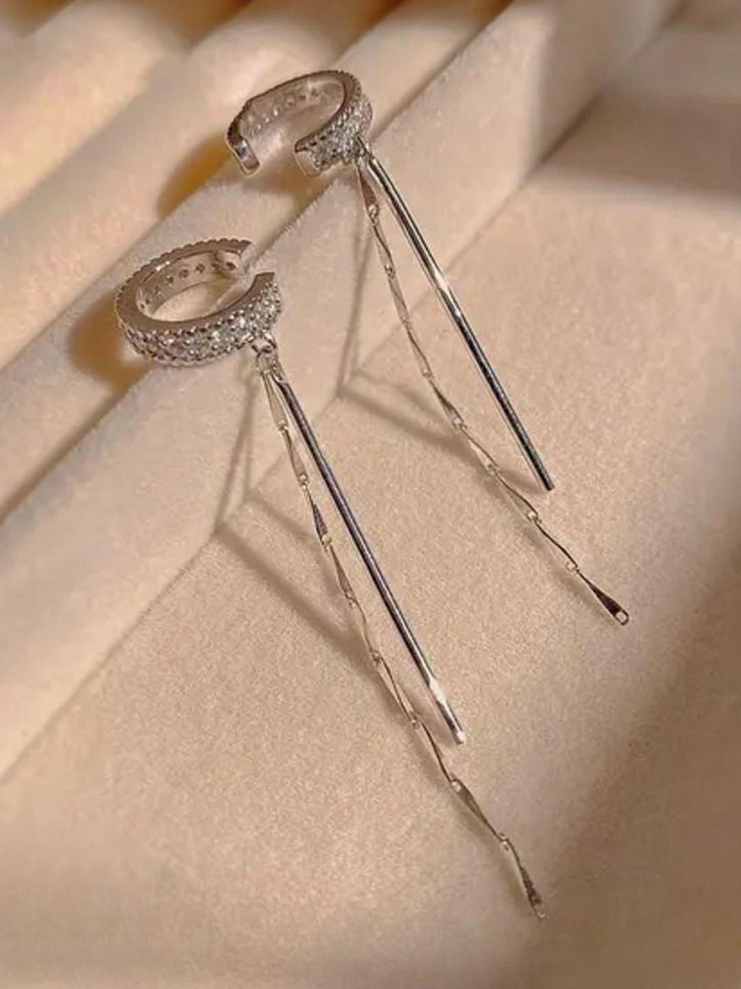 DressBerry Silver-Plated Cubic Zirconia Studded C-Shaped Long Tassel Ear Cuff Earrings