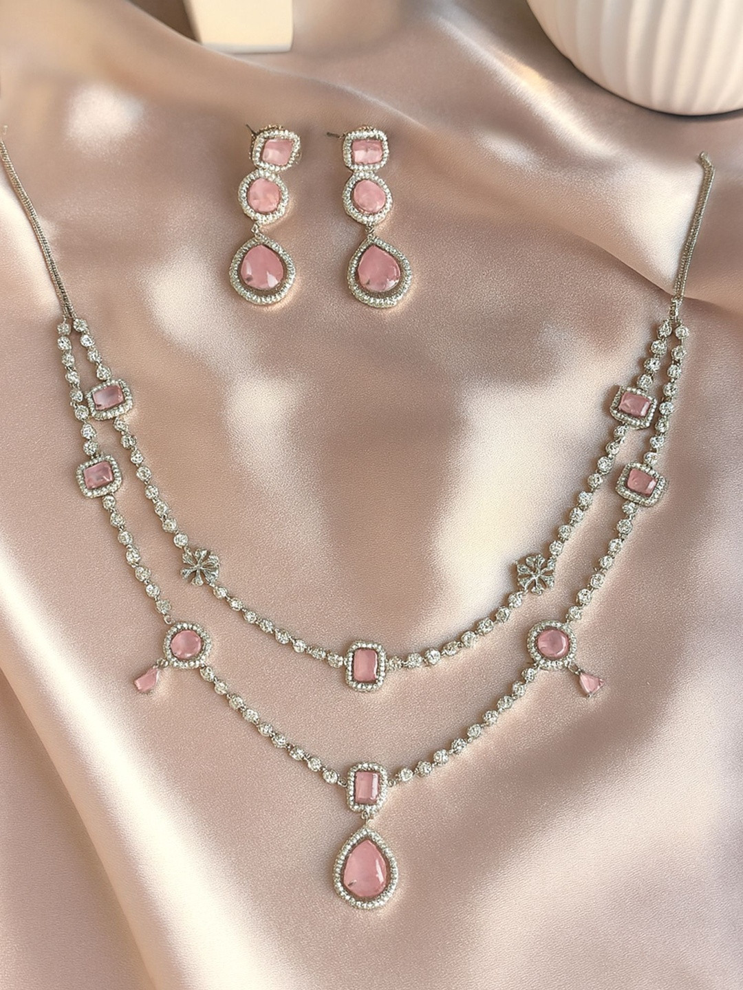 KARATCART Women Sparkling Pink American Diamond Dual-Layer Silver-Plated Jewellery Set