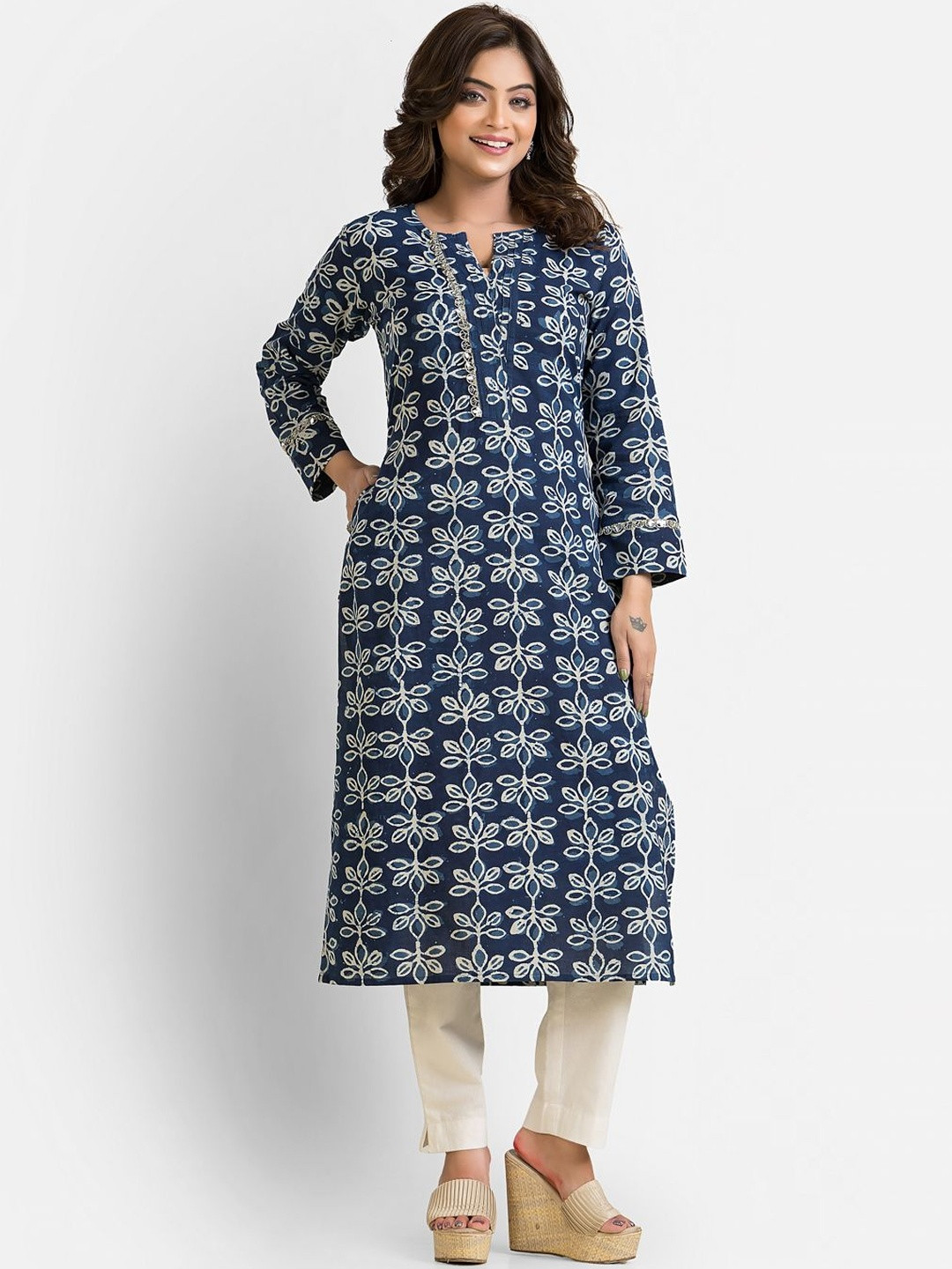 Crazy Needle Women Floral Printed Mirror Work Pure Cotton Straight Kurti