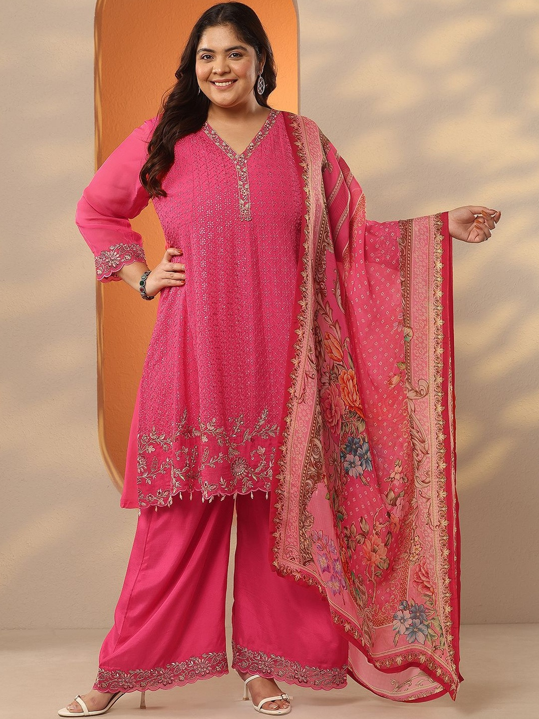 EXTRA LOVE BY LIBAS Embroidered V-Neck Thread Work A-Line Kurta With Palazzos & Dupatta