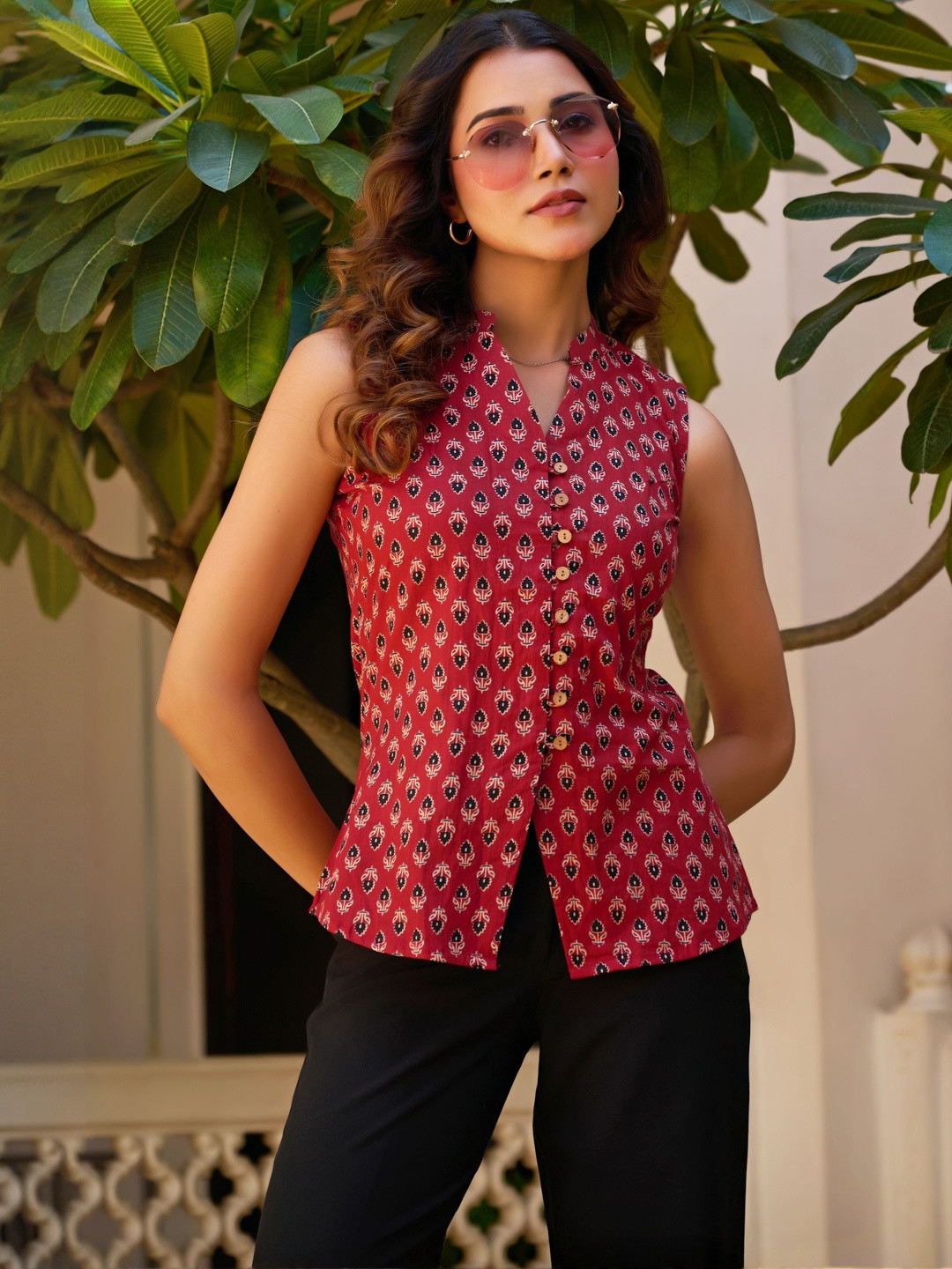 Vbuyz Womens Maroon Floral Printed Cotton Top with Front Button Closure & Mandarin Neck