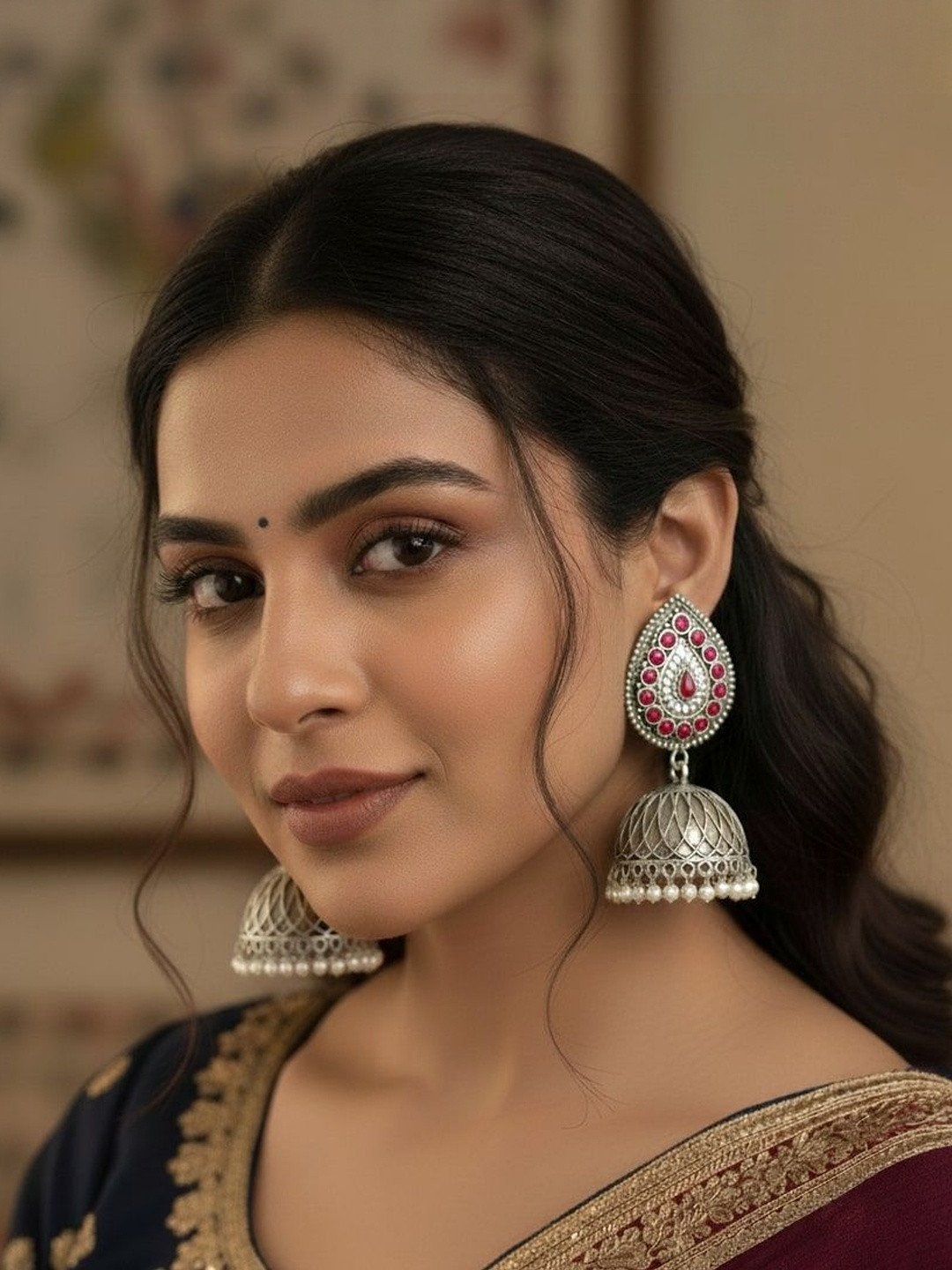 Jeweltos Silver-Plated Teardrop Shaped Ruby & Pearl Beaded Oxidised Jhumkas