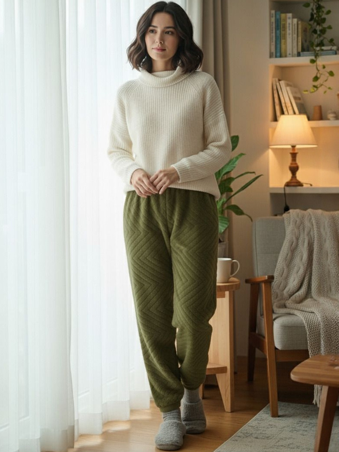 Uttam Women Solid Rib Lining Winter Mid-Rise Straight Lounge Pants