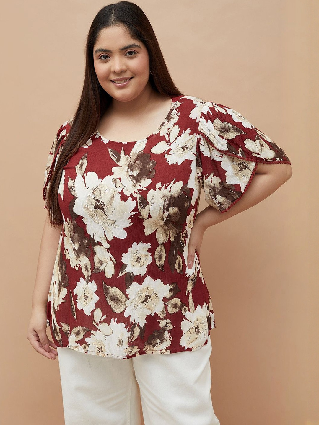 Nexus by Lifestyle Women Plus Size Floral Printed Flutter Sleeves Ruffles Top