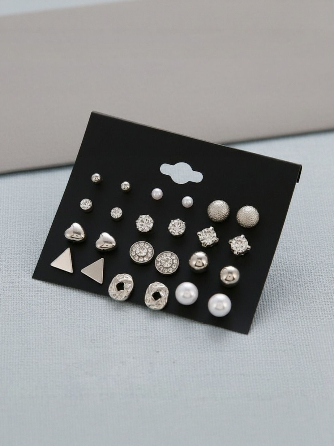 DressBerry Pack of 12 Silver-Plated Pearls Studded Geometric Heart Triangle Round Studs