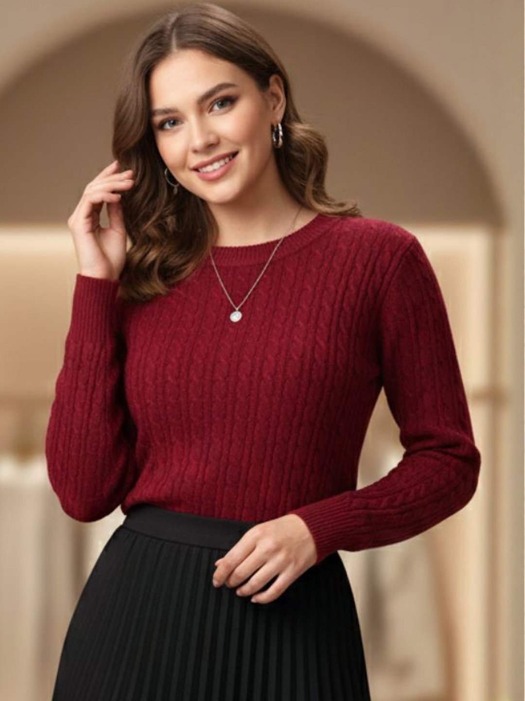 MARC LOUIS Women Self Design Cable Knit Pullover Sweaters