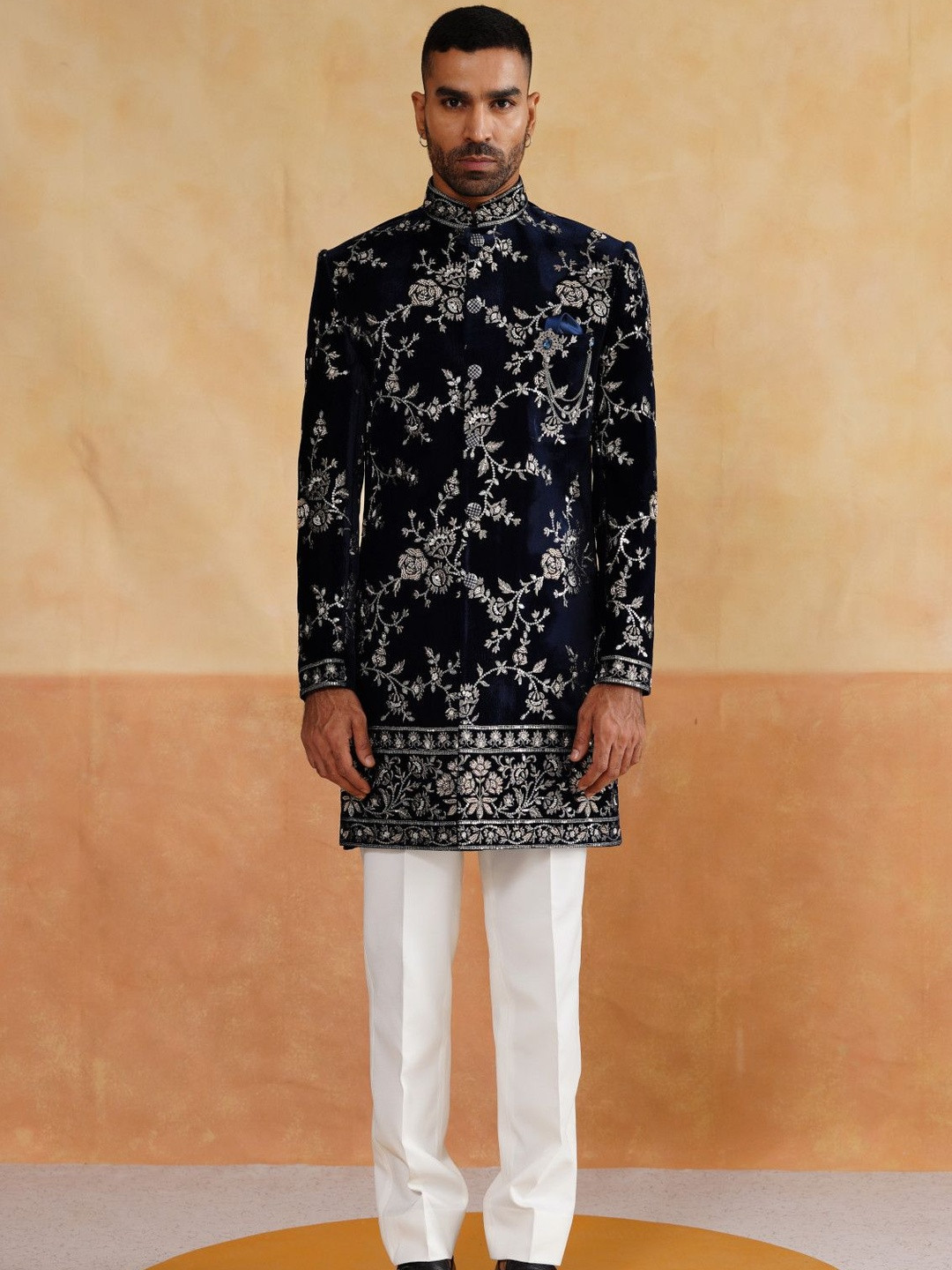 Denis Parkar Men Thread and Sequins Embroidered Mandarin Collar Velvet Sherwani Set