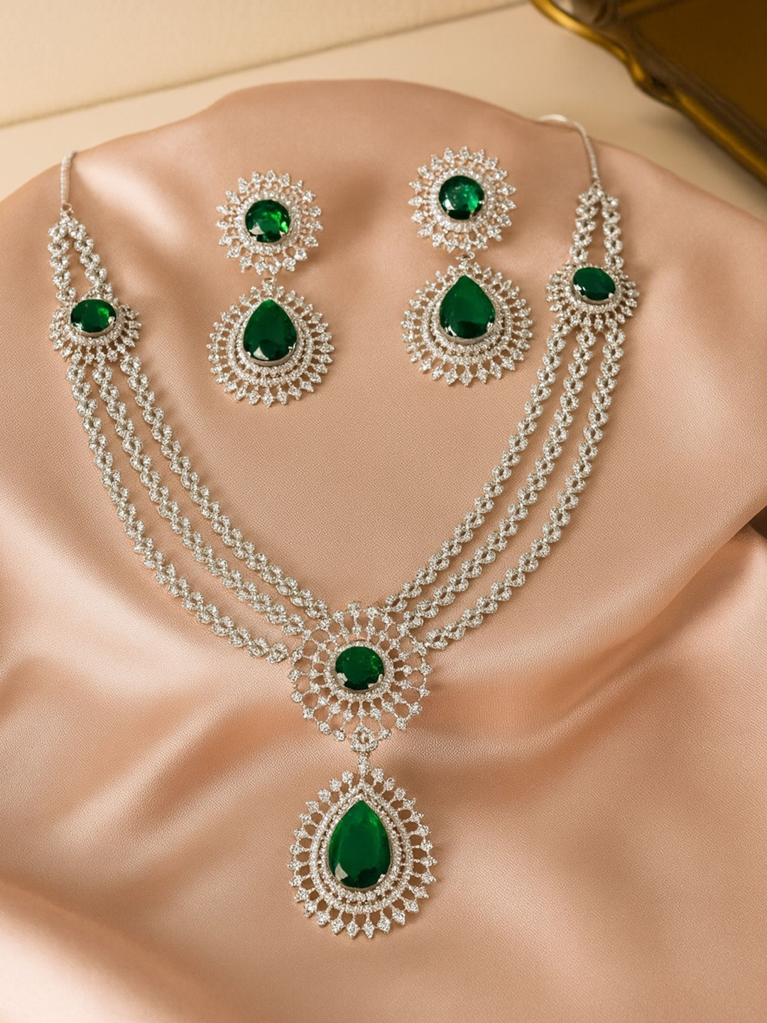 KARATCART Silver-Plated American Diamond-Studded Multilayer Rani Haar Jewellery Set