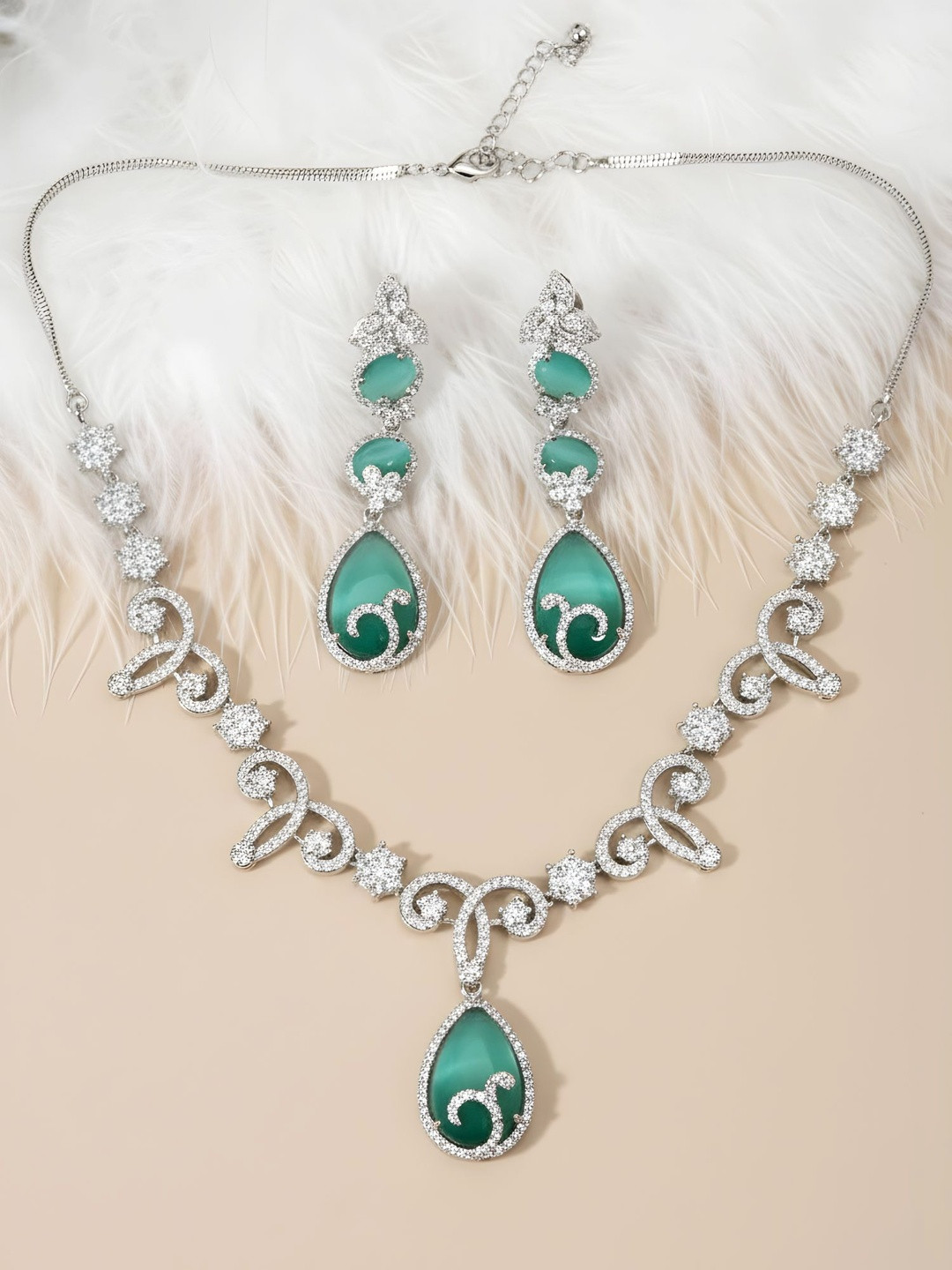 KARATCART Silver-Plated American Diamond-Studded Lightweight Jewellery Set