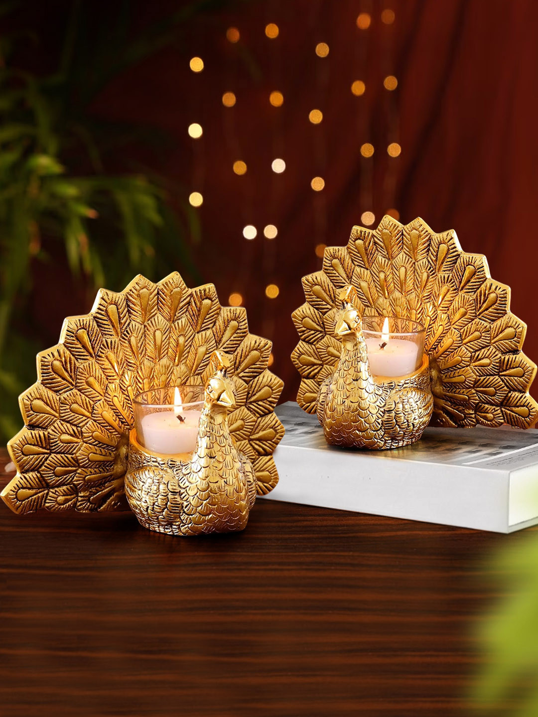 TIED RIBBONS Set of 2 Peacock Shape Tealight Candle Holder for Home Decor Showpiece