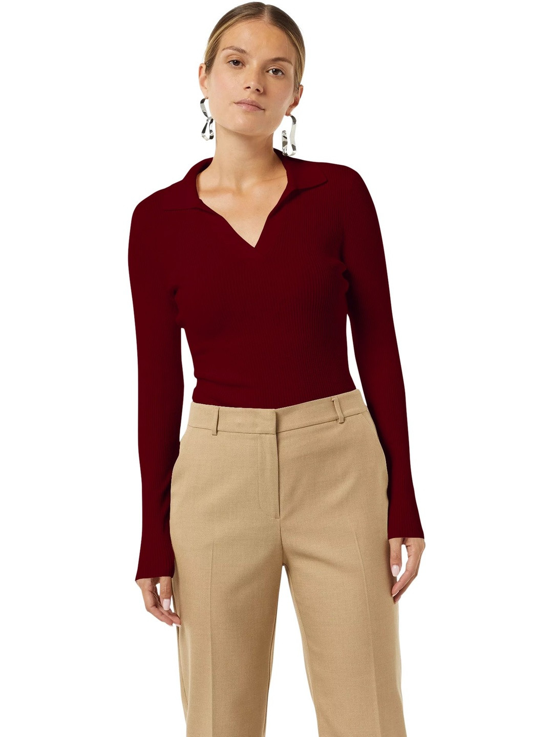 Maheshvi Maroon Ribbed Shirt Collar Fitted Top
