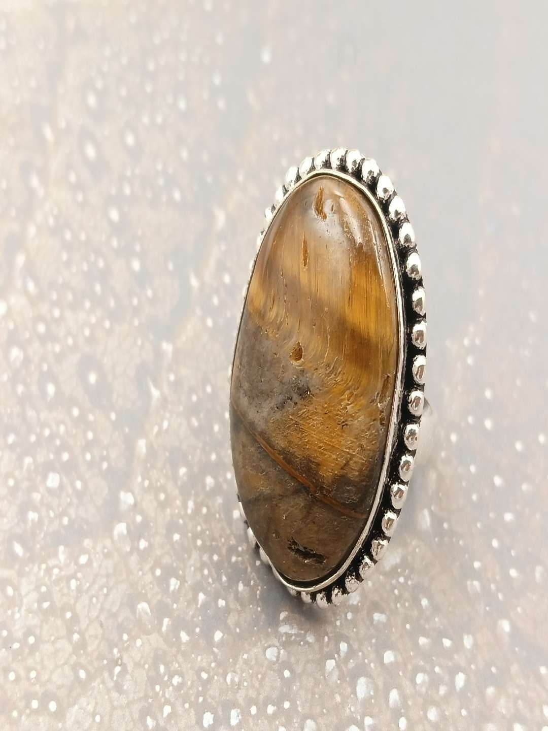 Shrim jewels German Silver Brass-Plated Tiger Eye Gemstone Studded Vintage Finger Ring