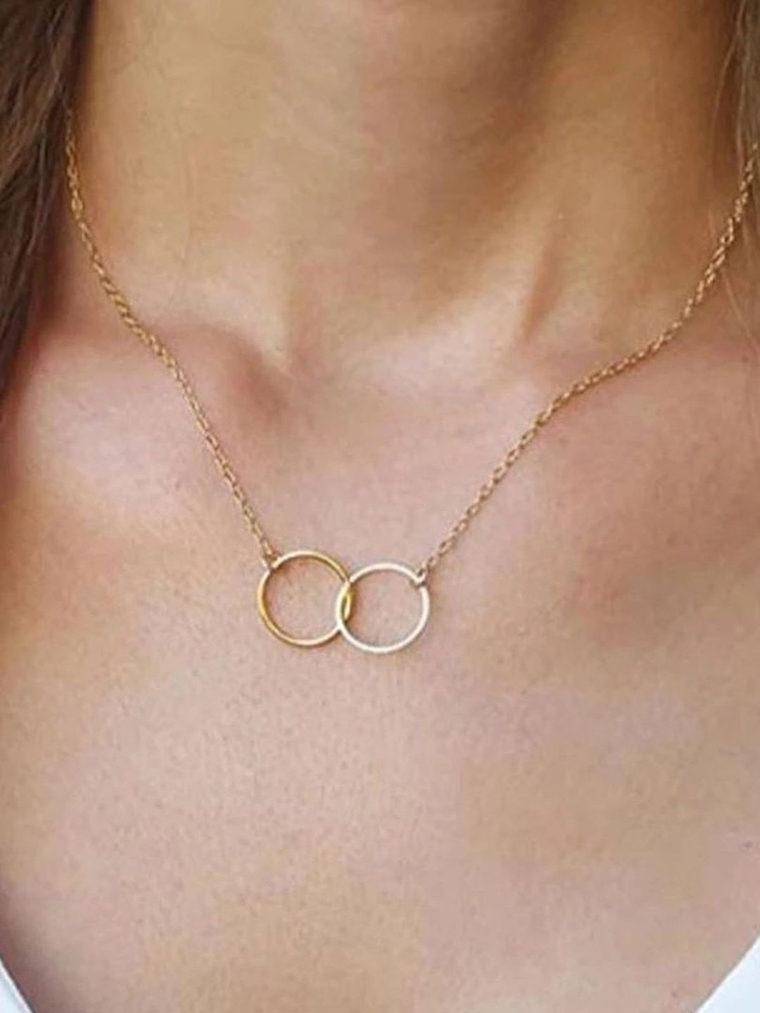 DressBerry Women Gold-Plated Single Layered Double Circle Pendant Necklace