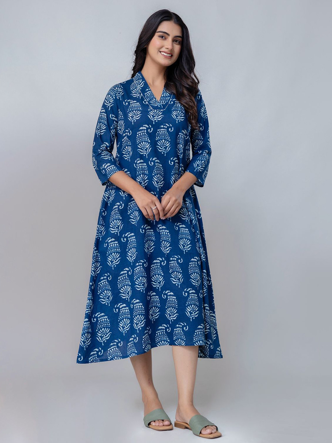 krambica Women Ethnic Motifs Printed Relax Fit V-Neck A-Line Midi Dress