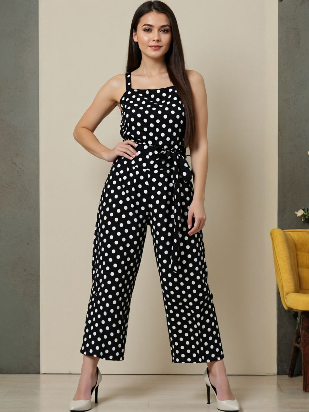 SZN Women Shoulder Straps Polka Dot Printed Waist Tie-Ups Detail Jumpsuit