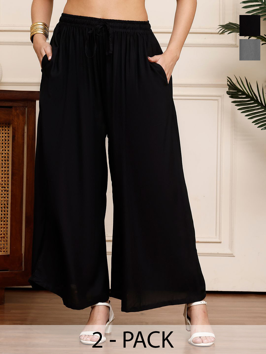 Valles365 by S.C. Women Pack of 2 Solid Regular Western Flared Palazzos