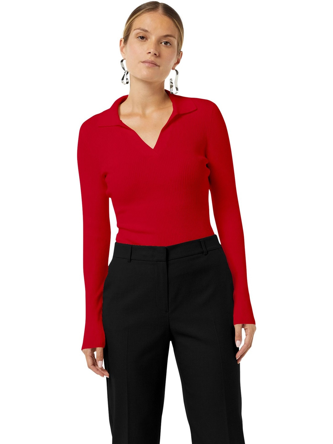 Maheshvi Women Ribbed Shirt Collar Full Sleeves Regular Fitted Top