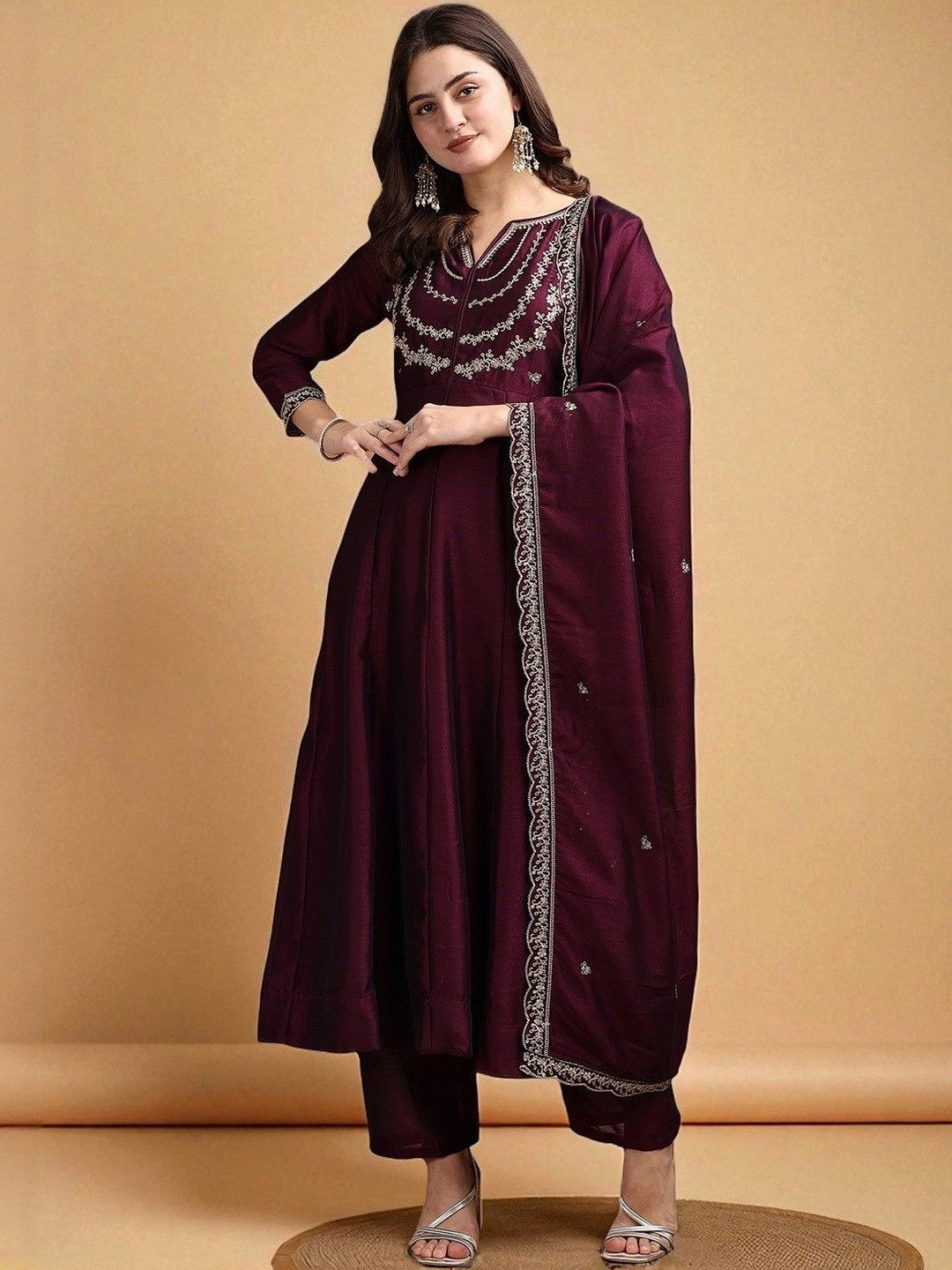 Omicron Fab Women Art Silk Embroidered Thread Work Kurta & Trouser With Dupatta Ser