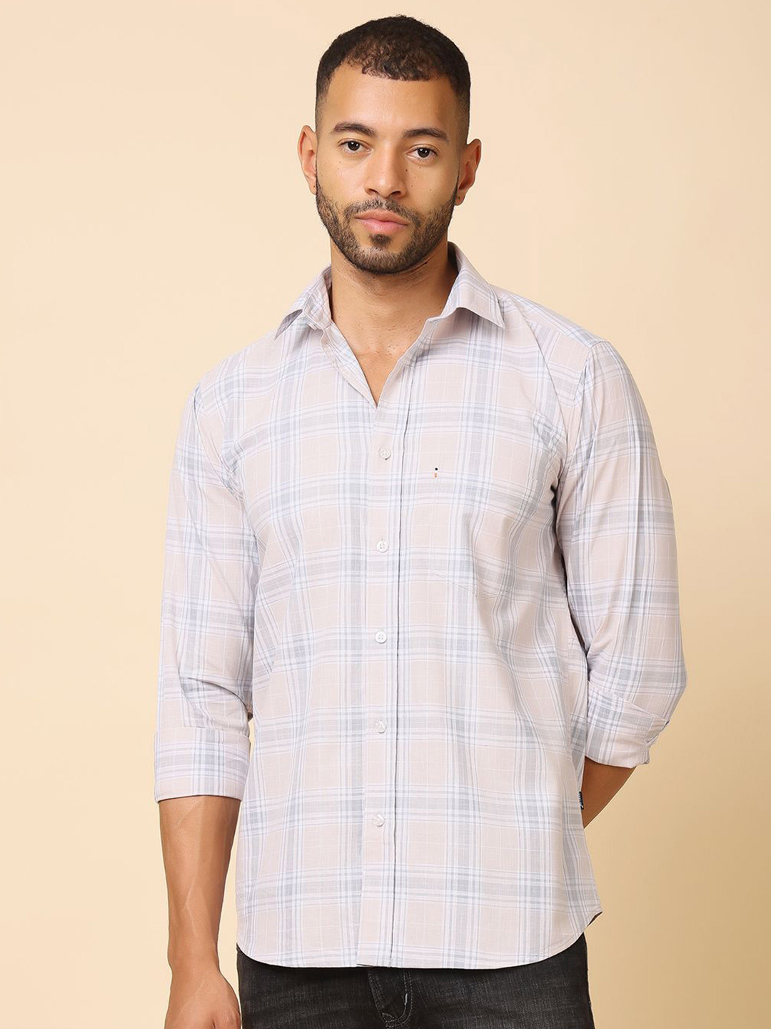 Stylox Checked Polo Collar Roll-Up Sleeves Cotton Slim Fit Shirt