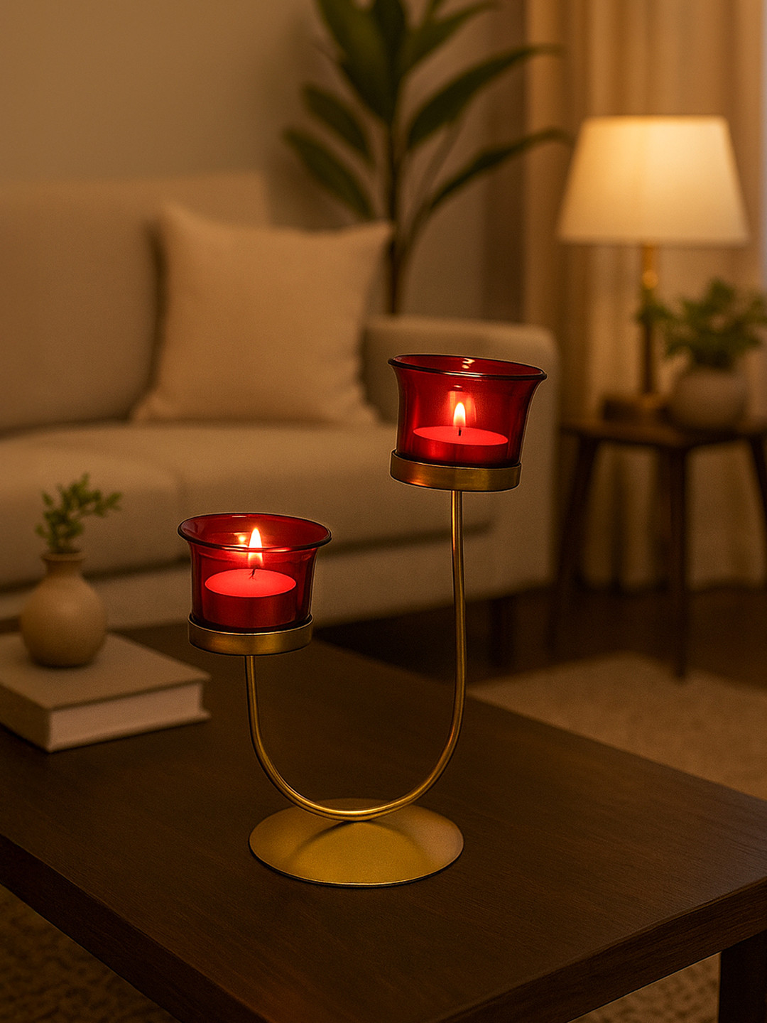 MARKET99 Gold-Toned & Red U-Shaped 2 Votive Candle Holder
