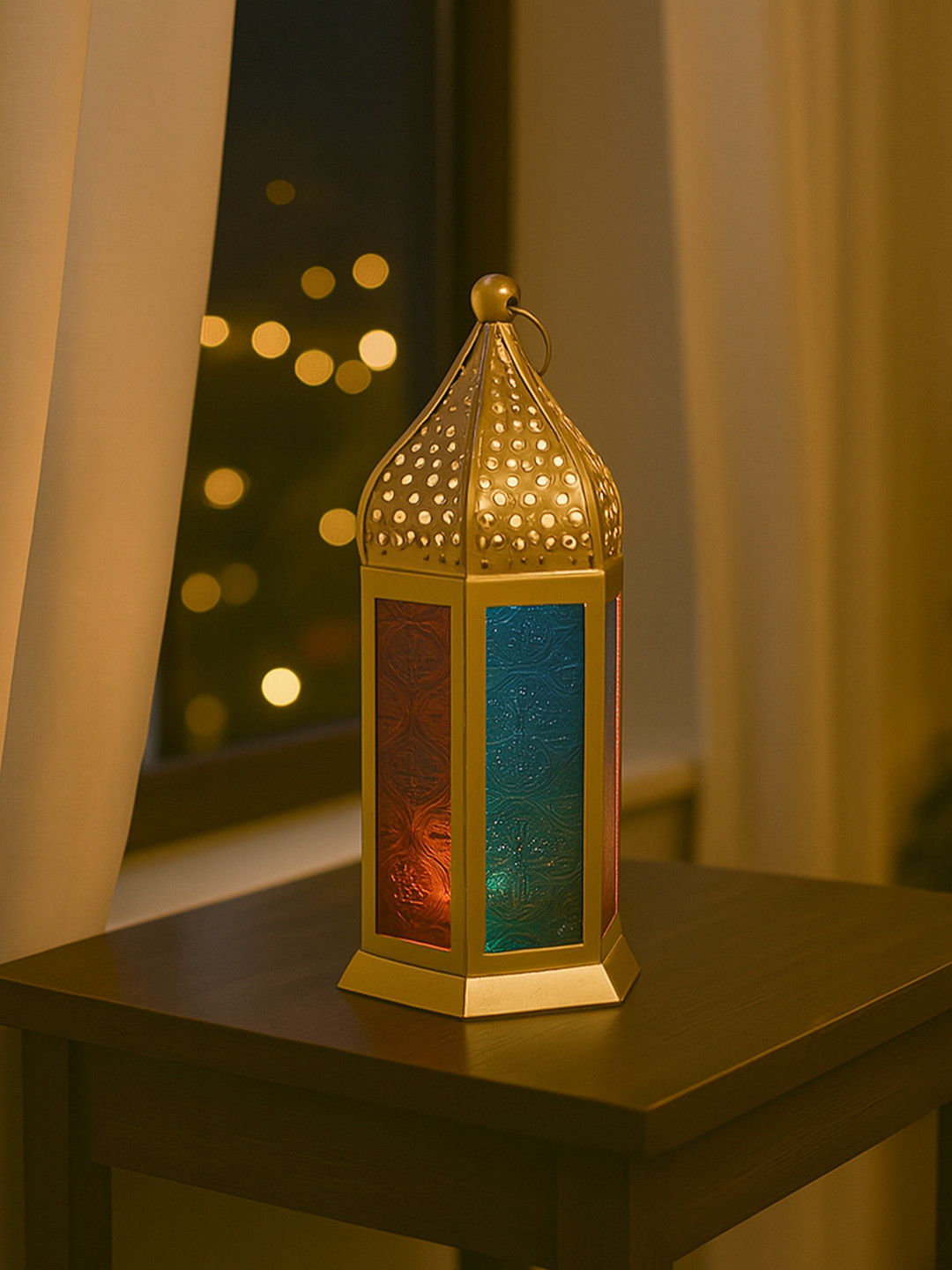 MARKET99 VON CASA Gold-Toned & Blue Metal Glass Lantern Shaped Candle Holder