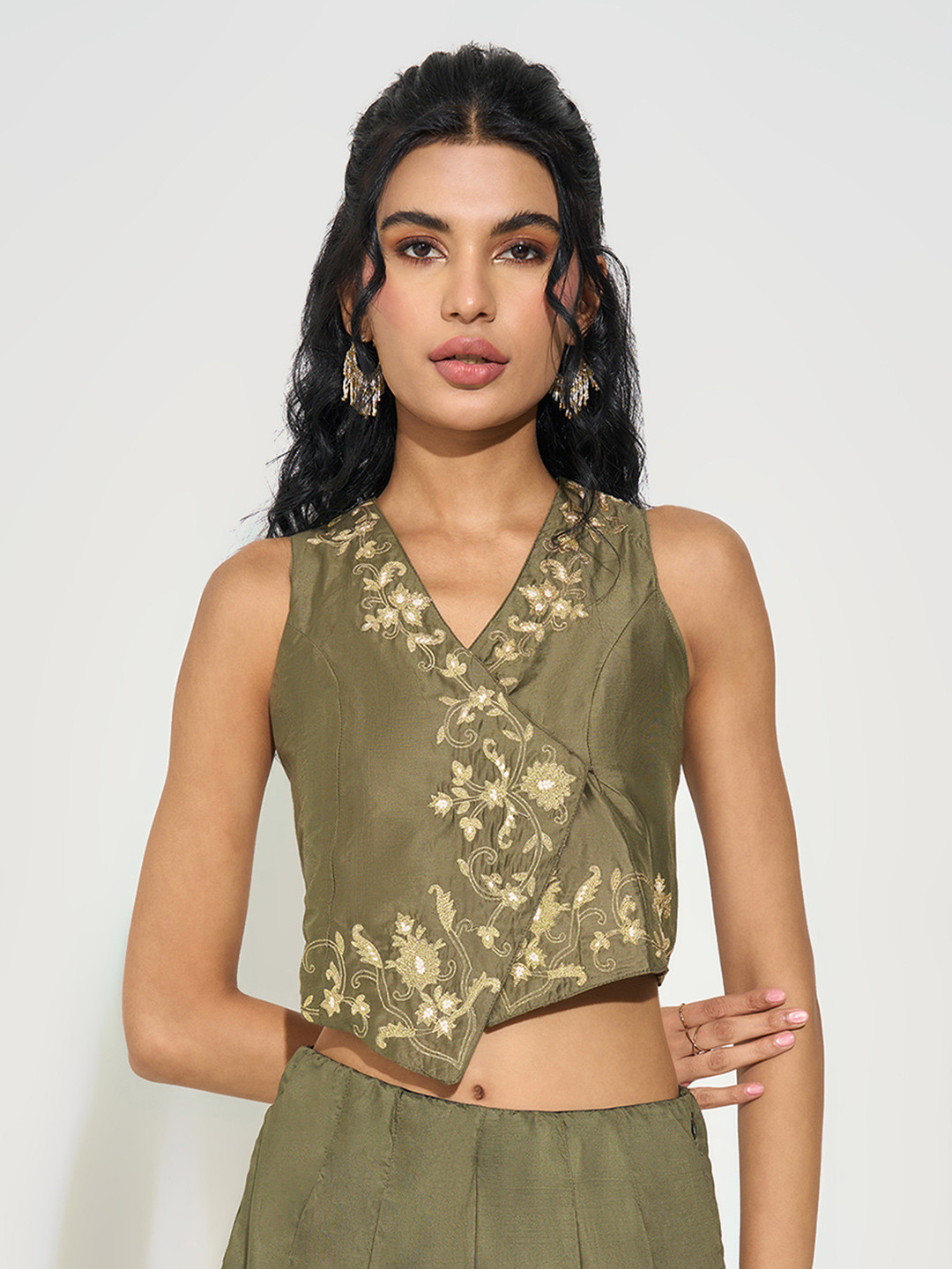 AKKRITI BY PANTALOONS Embellished Embroidered Ethnic Wrap Crop Top