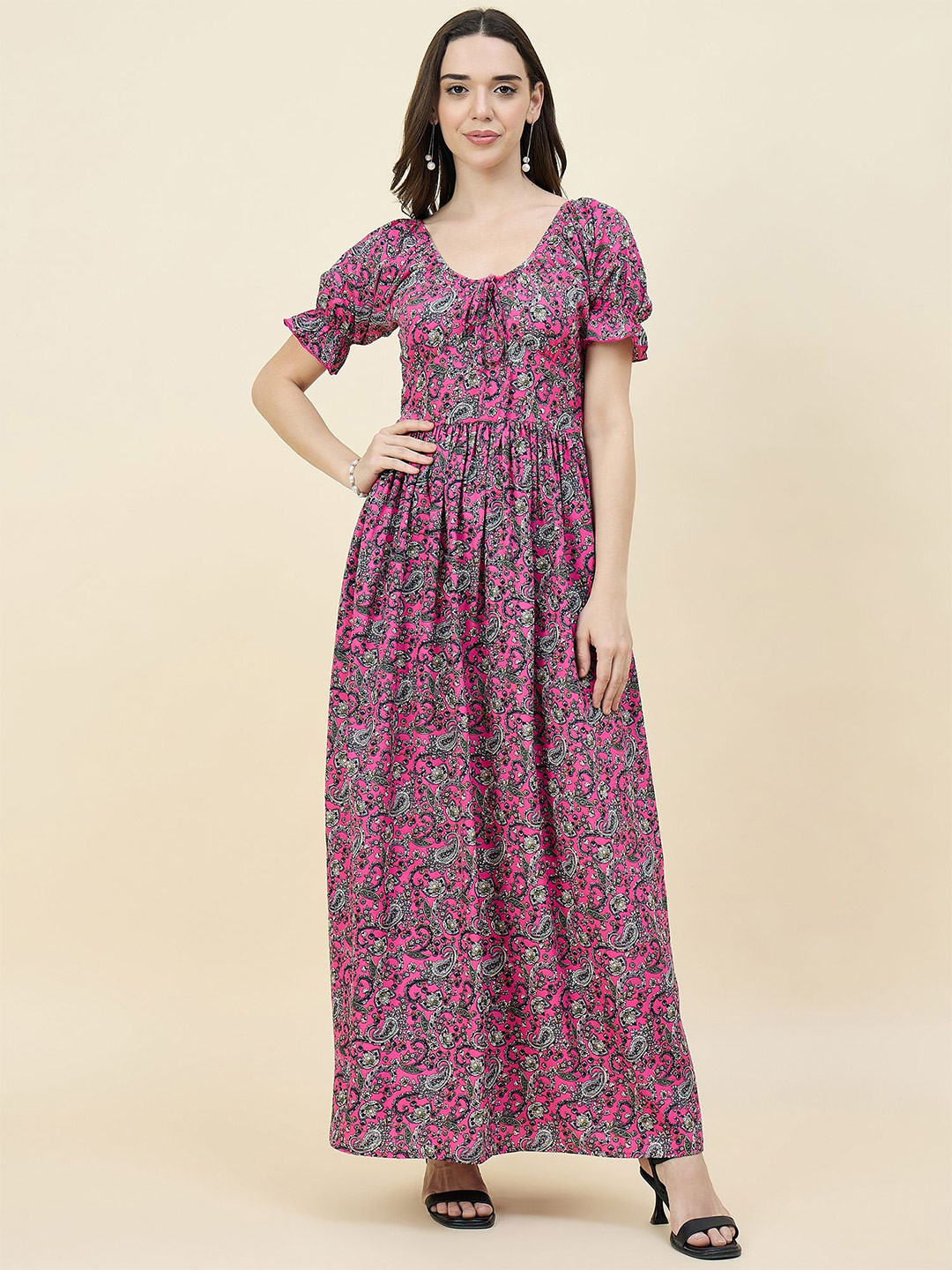 aayu Women XS Paisley Printed Puff Sleeve Crepe Maxi Dress