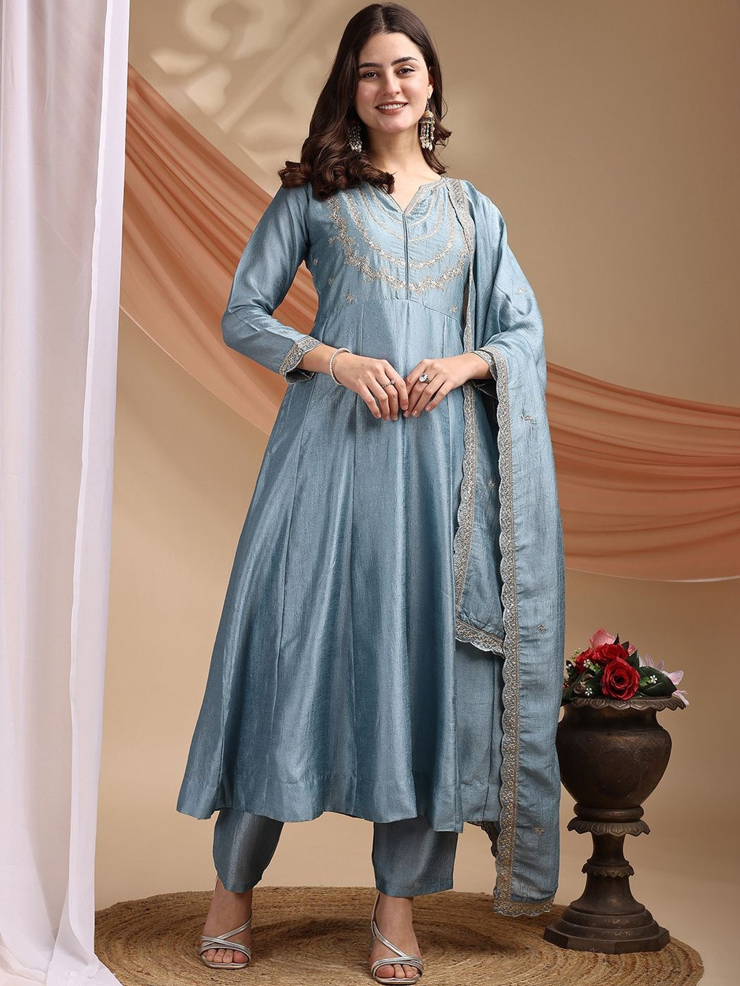 Omicron Fab Women Ethnic Motifs Embroidered Kurta With Trousers & Dupatta Kurta Sets