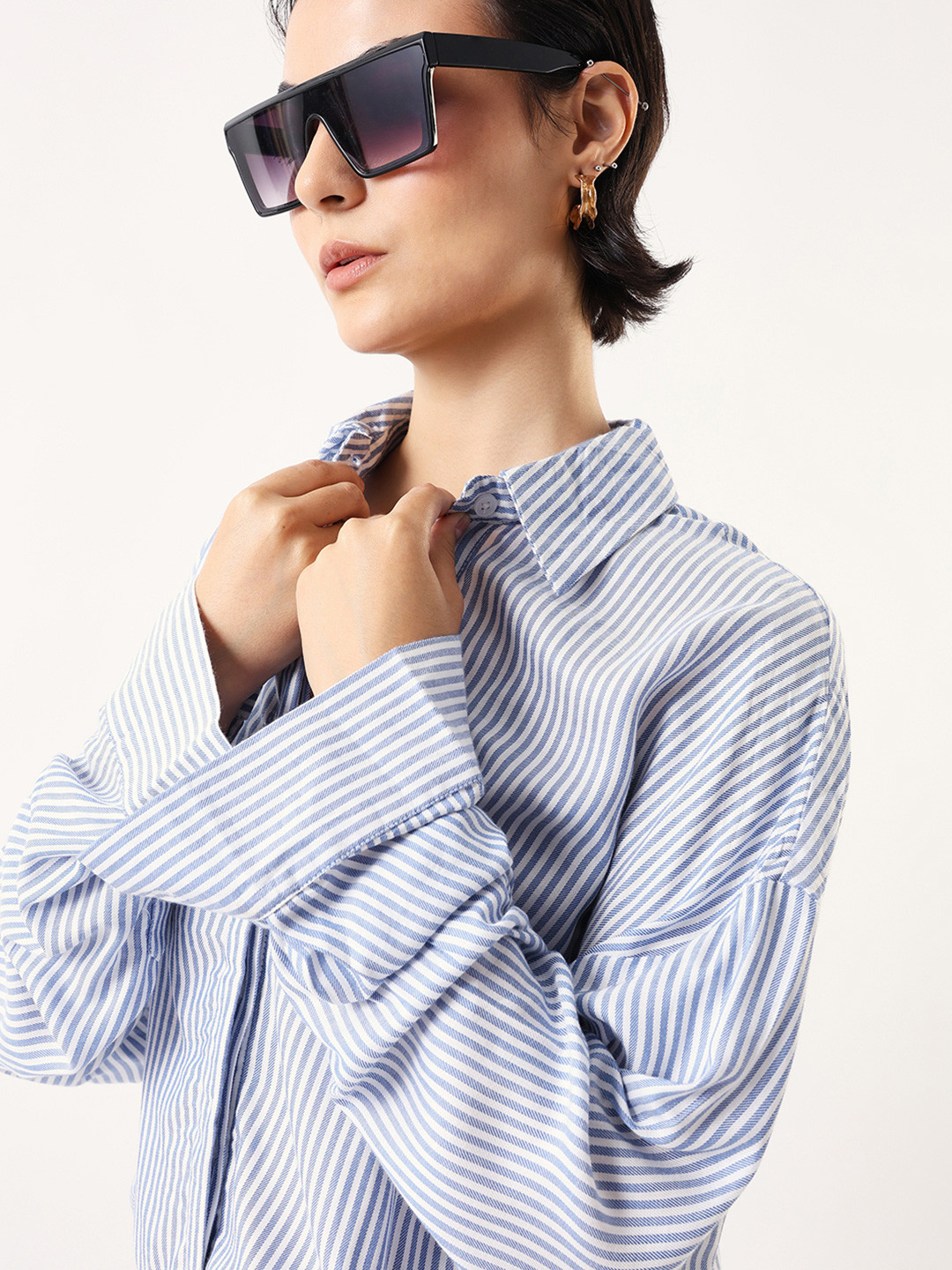 High Star Oversized Blue Striped Cotton Casual Shirt