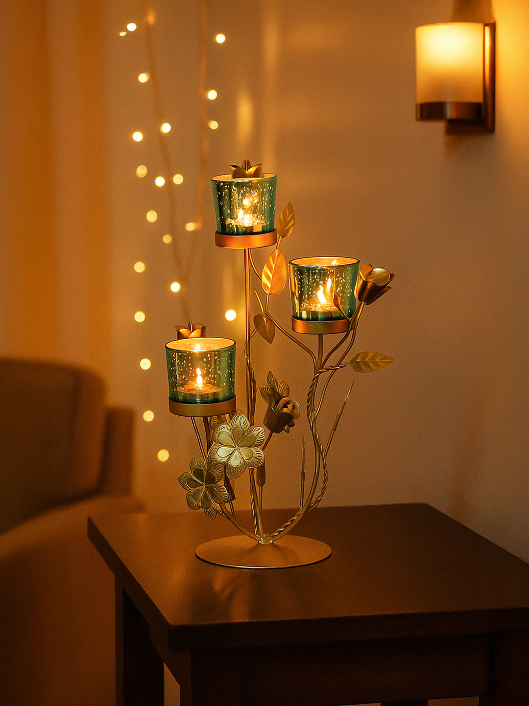 MARKET99 Gold-Toned & Blue Leaf Shape Candle Holder