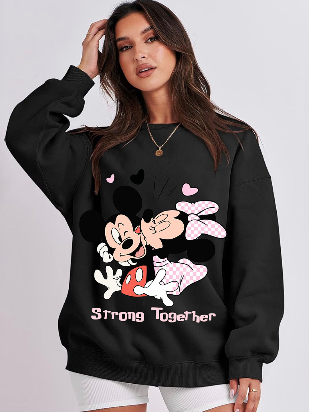 RAYACLOSET Mickey & Minnie Printed Drop Shoulder Sleeves Oversized Pullover Sweatshirt