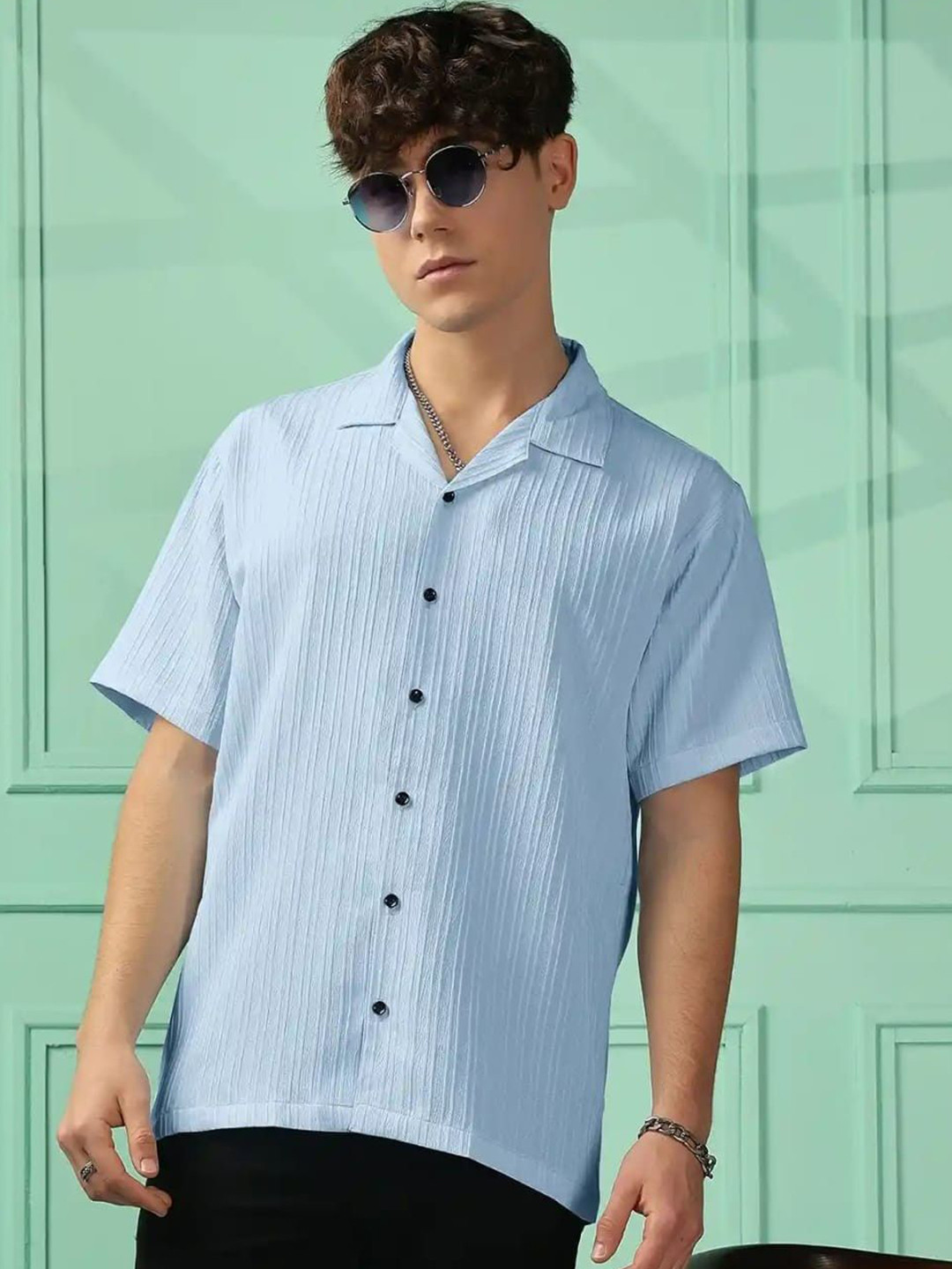 OQUENT Textured Cuban Collar Standard Slim Fit Casual Shirt