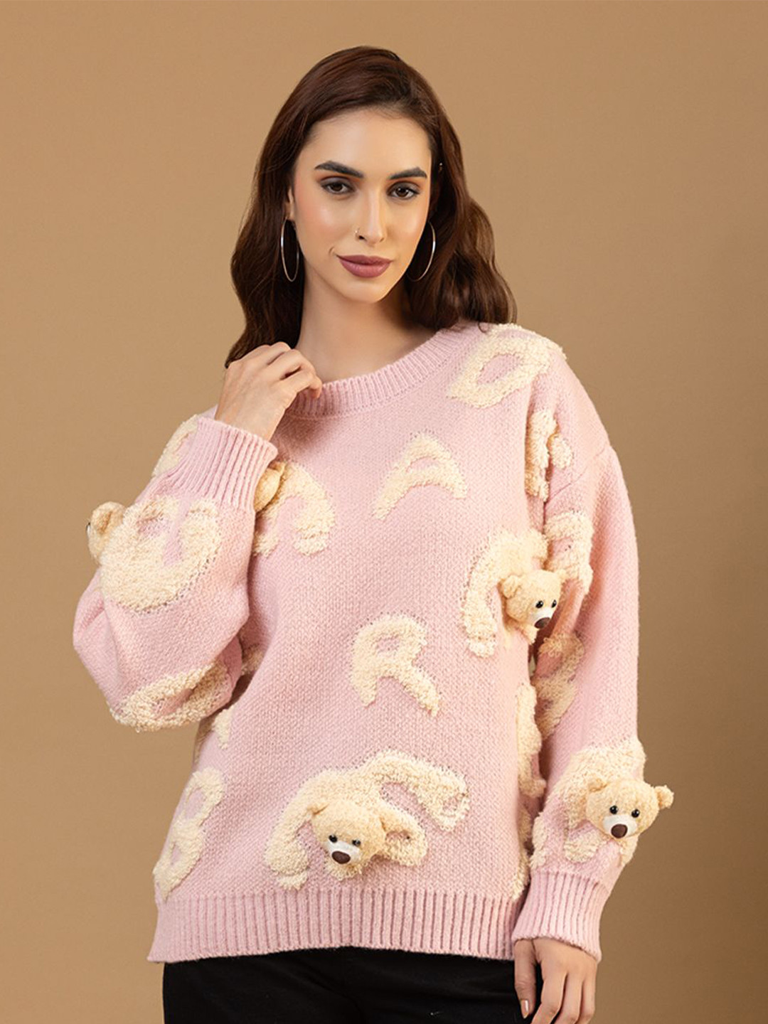 all about you Women Typography Self Design Round Neck Ribbed Pullover Woollen Sweater