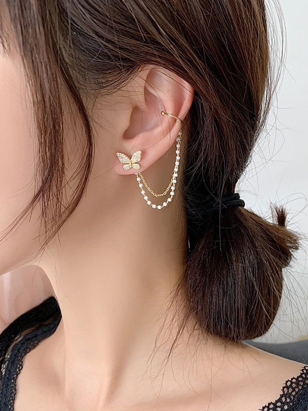 TheVineGirl Women Pearls Chain Butterfly Shaped Ear Cuff Earrings