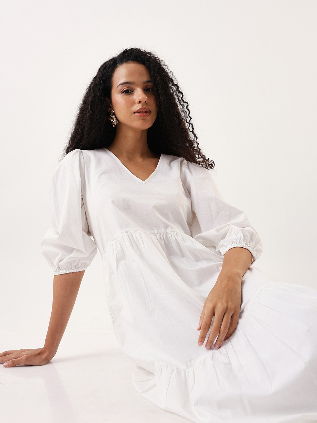 High Star Puff Sleeves Tiered Pure Cotton Fit & Flare Midi Dress