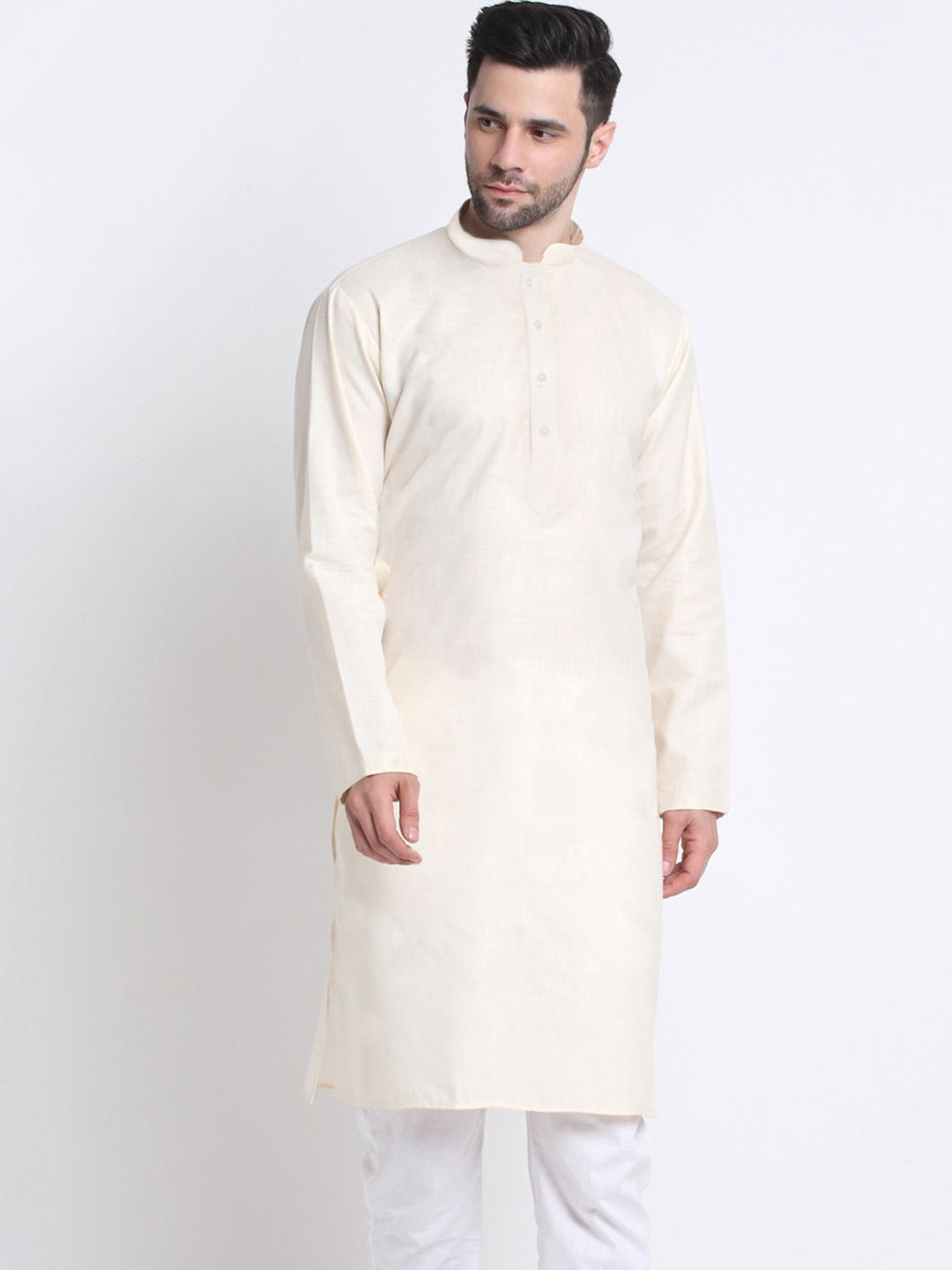KRAFT INDIA Men Cream Mandarin Collar Cotton Blend Long Sleeves Straight Kurta