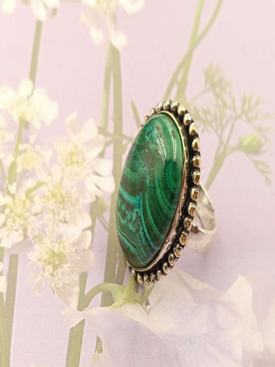 Shrim jewels German Silver Brass-Plated Malachite Gemstone Studded Adjustable Finger Ring