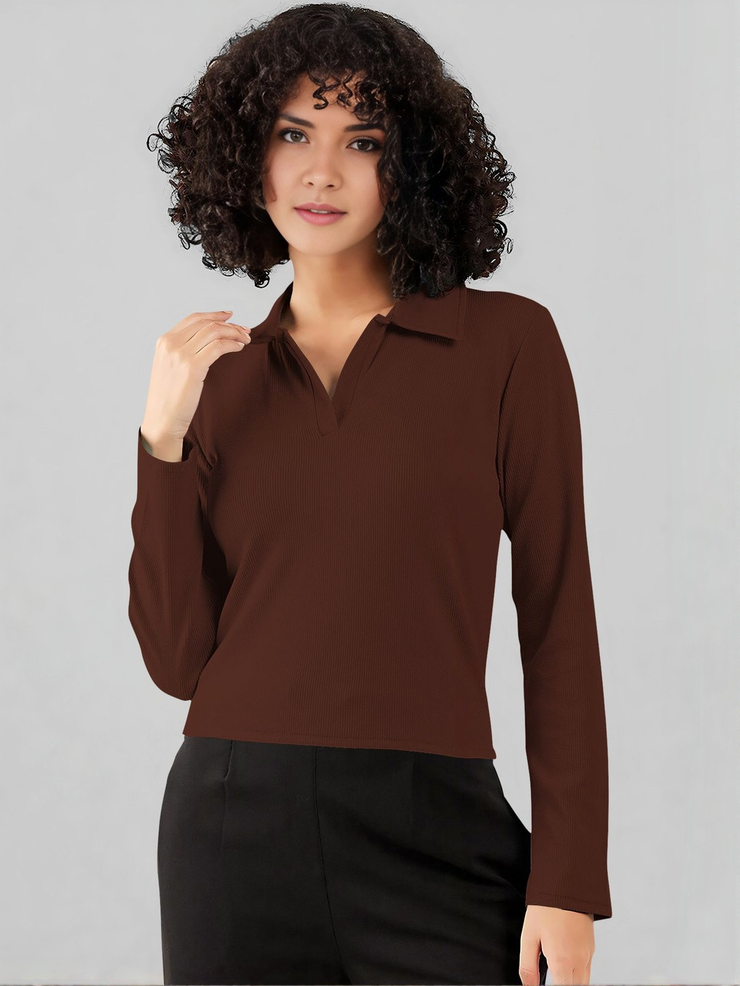 Maheshvi Brown Ribbed Shirt Collar Casual Top