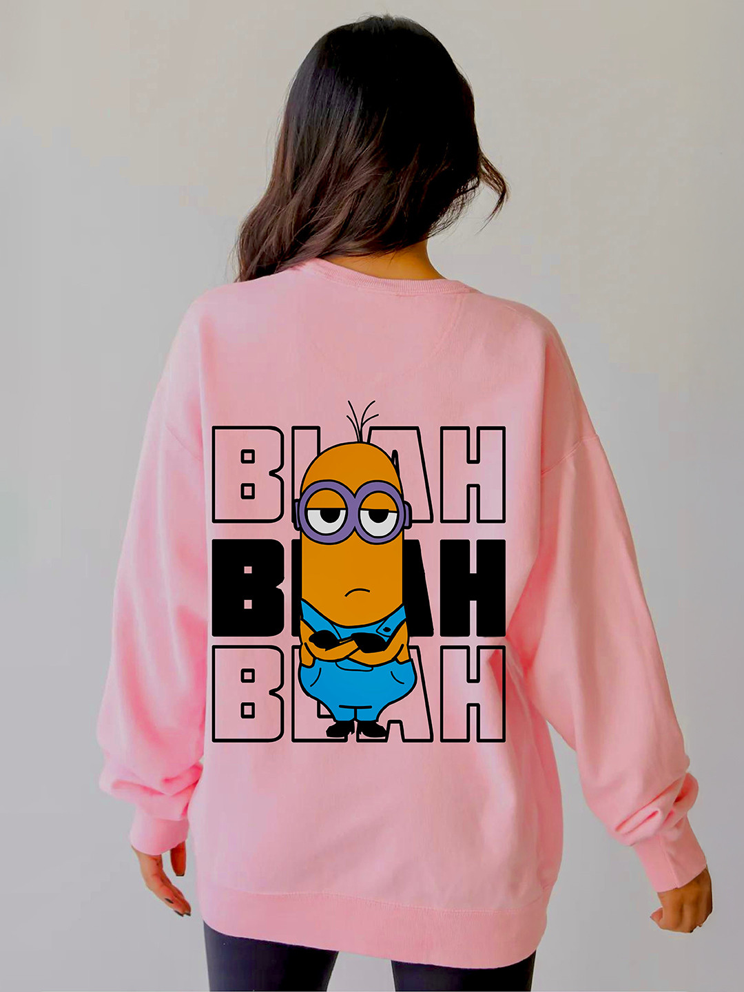RAYACLOSET Minion Printed Drop Shoulder Sleeves Oversized Pullover Sweatshirt