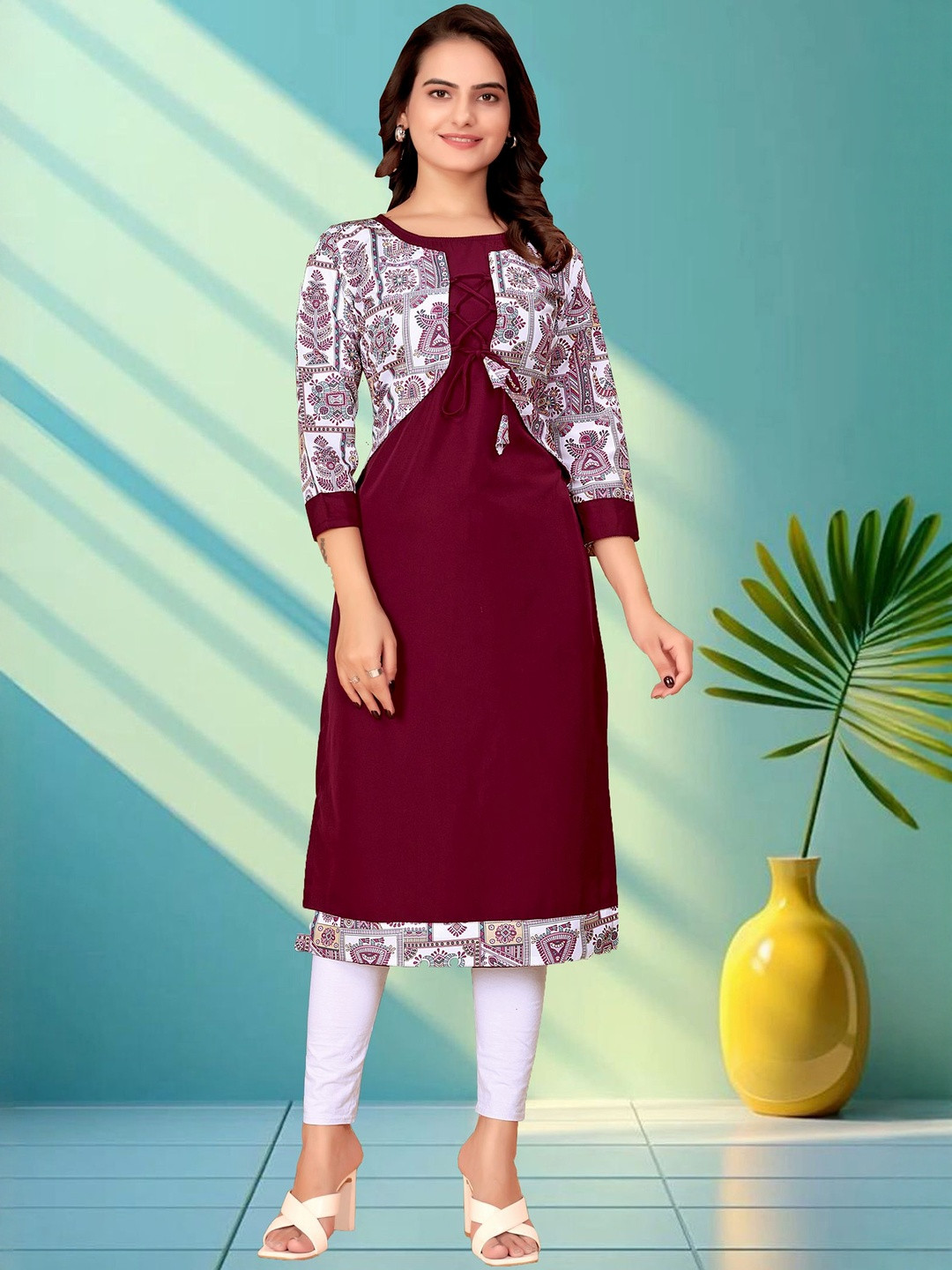 KHANJAN FASHION Maroon Indo Western Fashion Straight Cotton Kurta