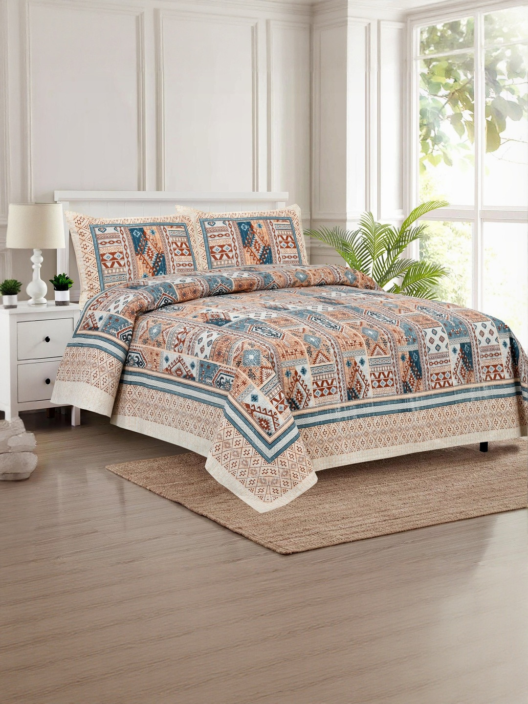 DHANOTA Pink & Blue Ethnic Motifs 180 TC Cotton Super King Bedsheet with 2 Pillow Covers
