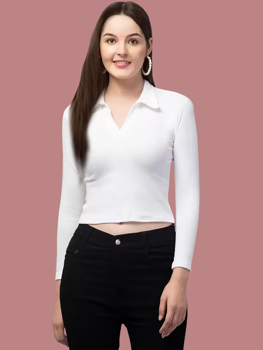 Maheshvi White Ribbed Shirt Collar Crop Top