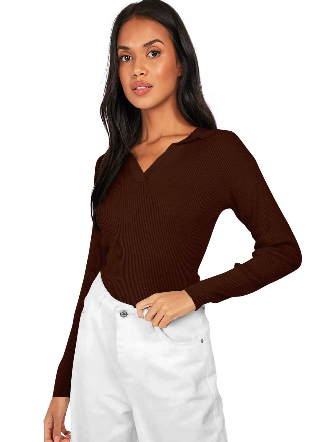 Maheshvi Women Mocha Mousse Ribbed Shirt Collar Fitted Top