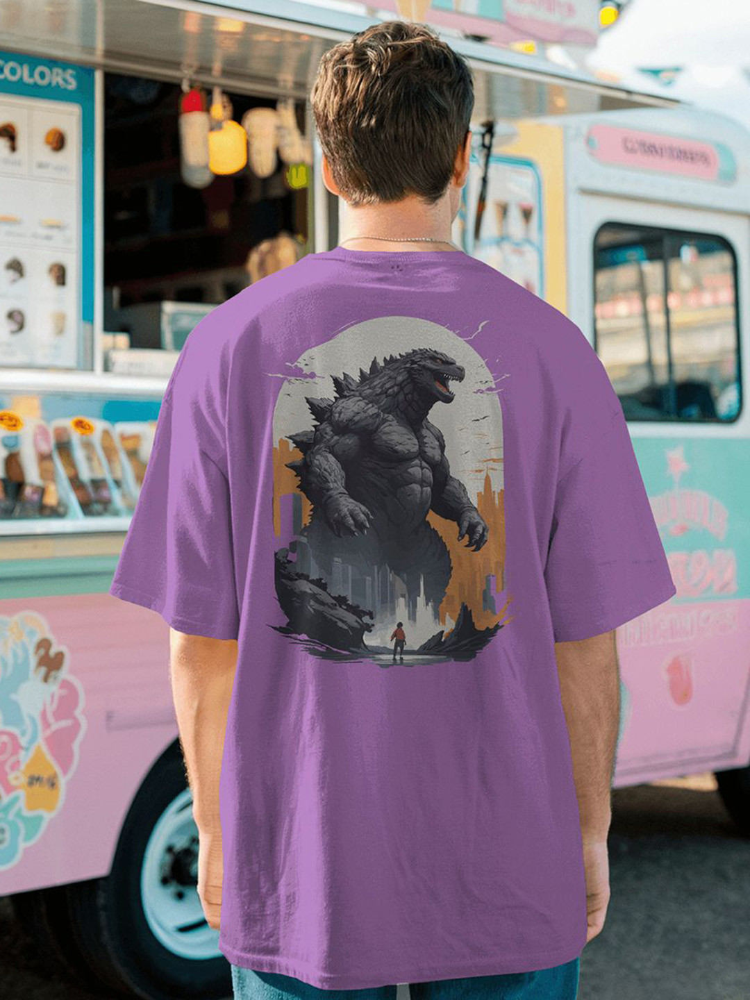 SENO TEX Godzilla Printed Round Neck Drop-Shoulder Sleeves Oversized Cotton T-shirt